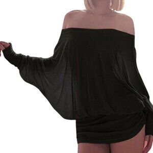 Women Black Off Shoulde Ruched Casual Going Out Long Sleeve Mini Dress